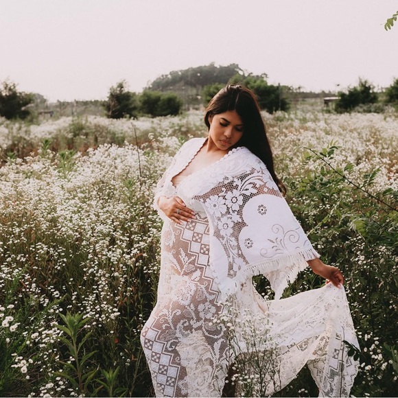 White Lace Boho Maternity Maxi Cover-Up. Oh Sew Cute vintage lace maternity gown